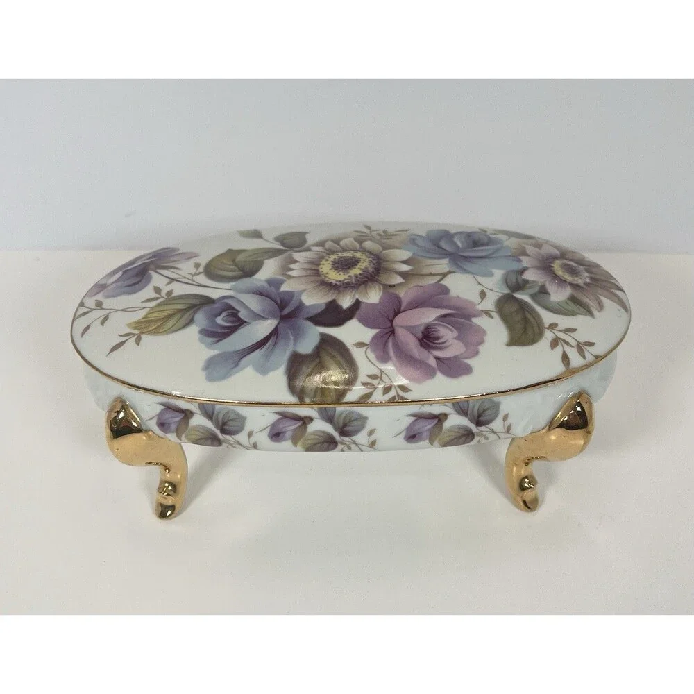 Porcelain Trinket Box With Gold Gilded Feet Oval Shaped With‎ Hand Painted Roses
